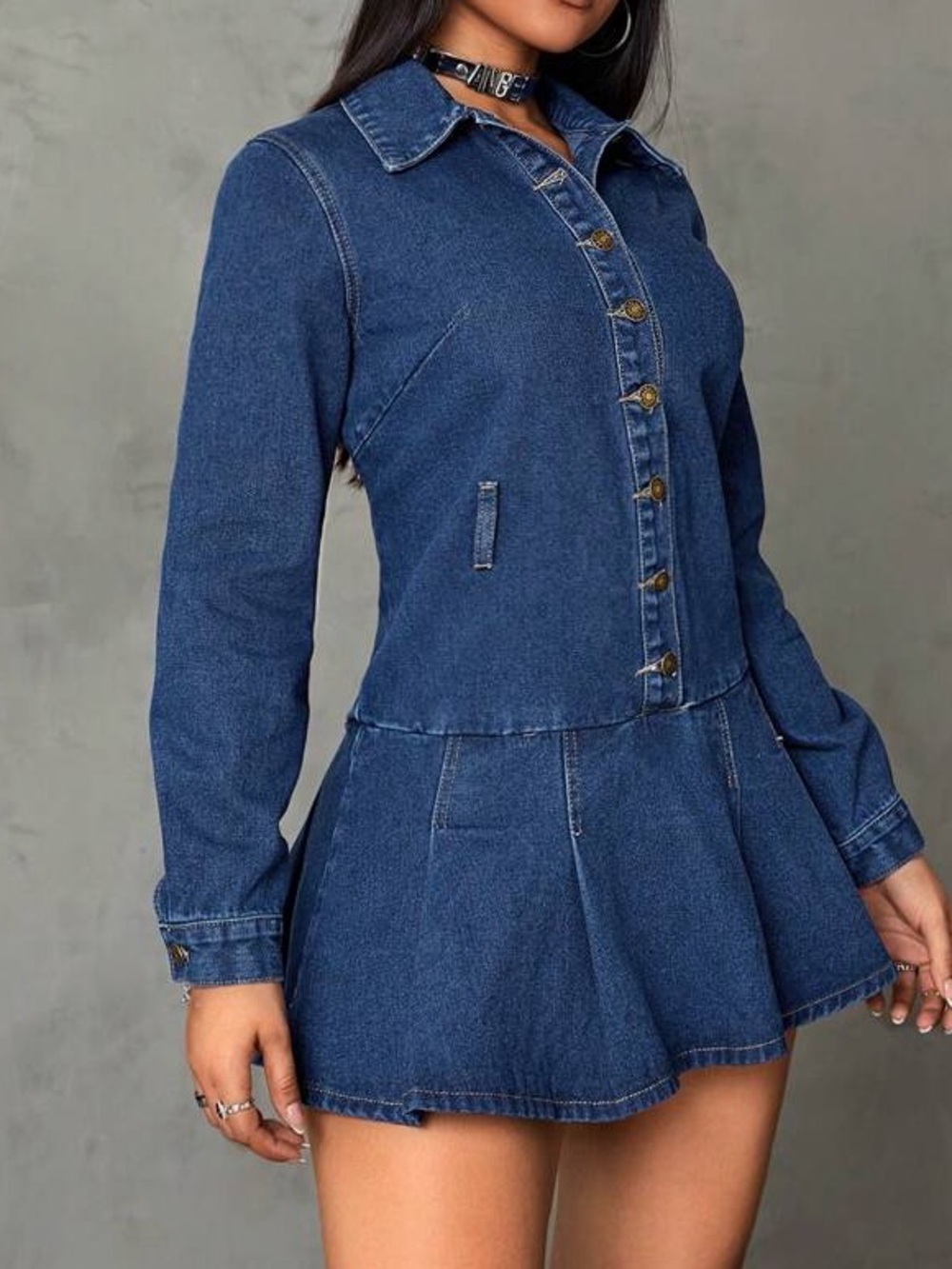 Denim Button-Front Mini Dress in Dark Blue